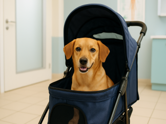 Cane in passeggino durante una visita veterinaria