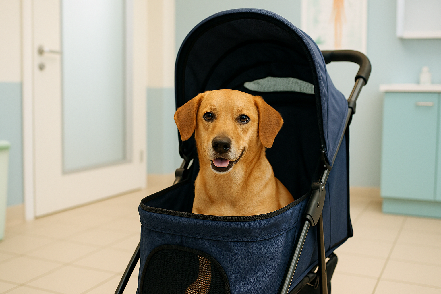 Cane in passeggino durante una visita veterinaria