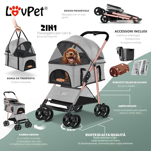 Passeggino per cani 2in1 fino a 20 kg LOVPET – trasportino staccabile, ruote in EVA e parapioggia incluso - immagine 3