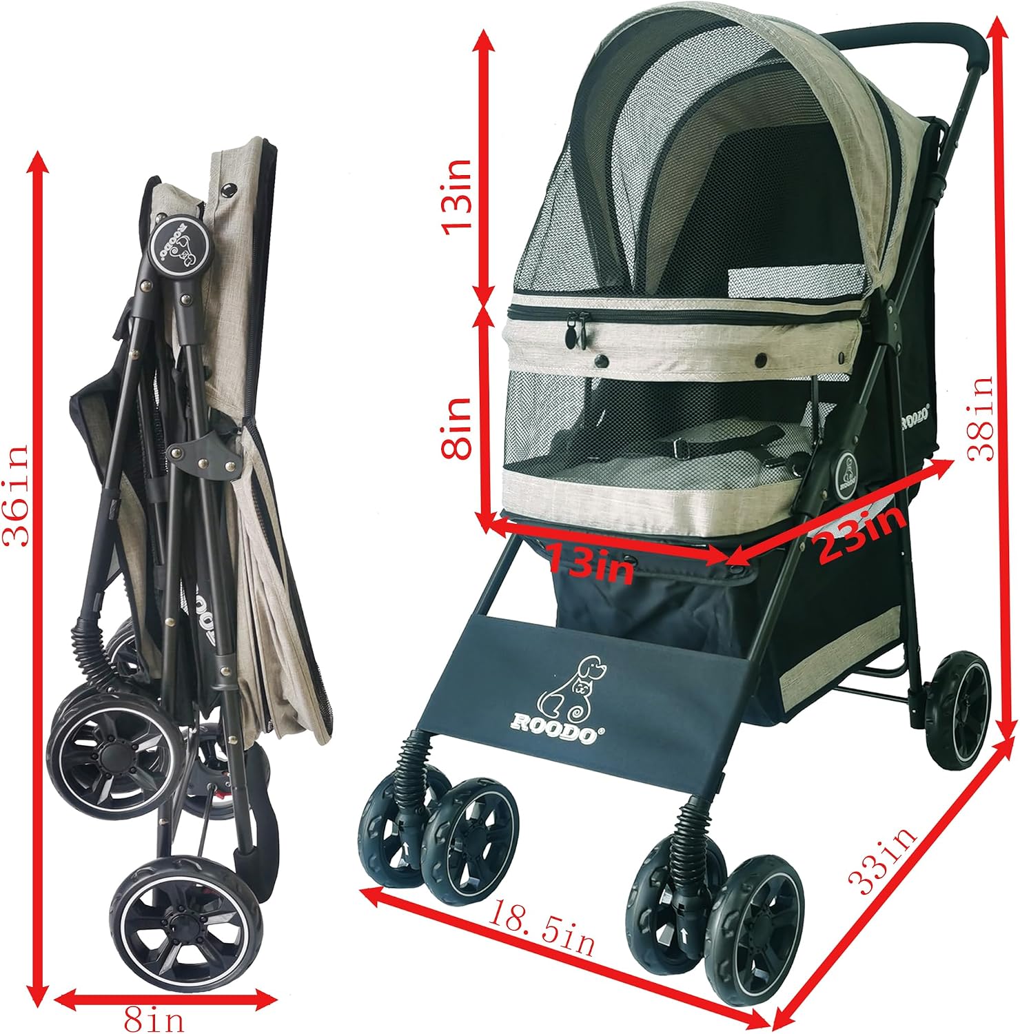 Passeggino per cani e gatti fino a 13,6 kg ROODO – 4 ruote, montaggio senza attrezzi e mesh traspirante - immagine 2